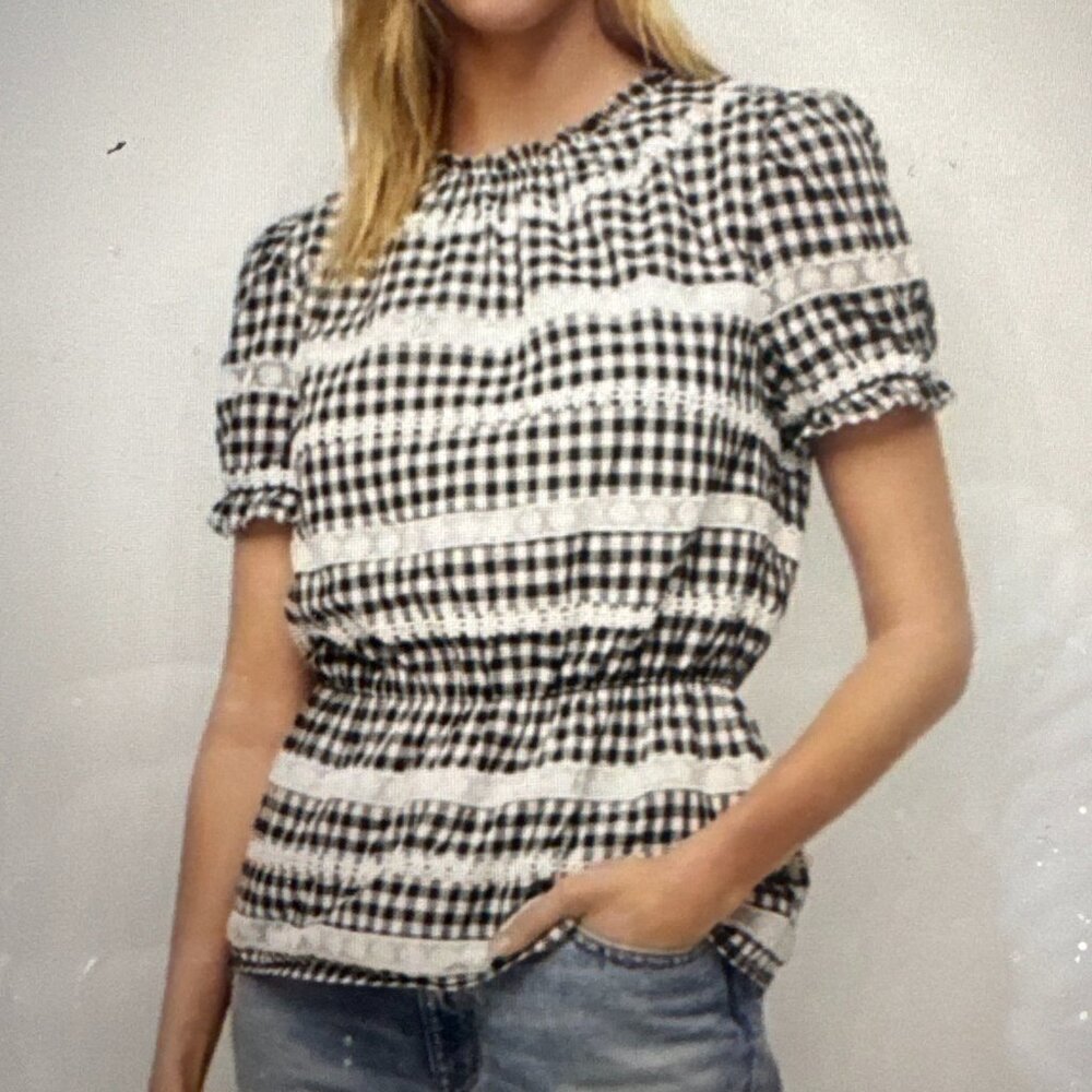 J. CREW NWT Daisy Chain Peplum Cotton Top in Black & White Gingham Sz. XS